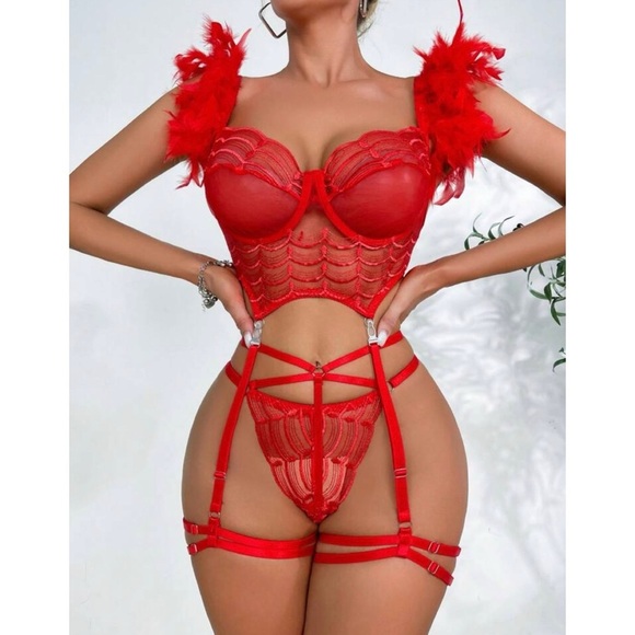 Sexy Red Cabaret Valentine Feather Corset Lingerie Garter Costume - Picture 12 of 13